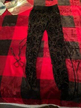 Black Velvet lace Leggings with Drawstring Detail - Women